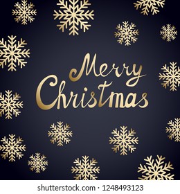 Merry Christmas vector card with gold text on black background with golden snowflakes. Elegant vector Christmas card, logo, text design. Vector design for banners, greeting cards, flyers, invitation