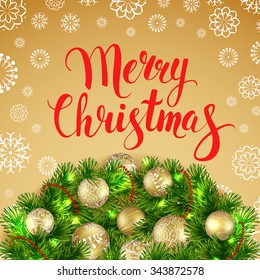 Merry Christmas. Vector card. Golden background. Calligraphy. Lettering. Snowflakes, Fir tree and balls. 