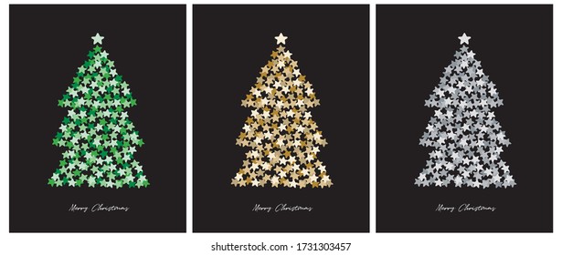 Merry Christmas Christmas Vector Card. Green, Gold and Silver Christmas Tree Made of Stars Isolated on a Black Background. Christmas Illustration in 3 Different Colors.