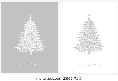 Merry Christmas Vector Card. Hand Drawn Christmas Tree with Star Isolated on a White and Gray Background. Christmas Illustration in 2 Different Colors. Tree Made of Messy Scribbles.RGB.English Wishes.