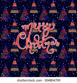 Merry Christmas vector card. Hand drawn lettering xmas composition. Holiday winter poster on the background of Christmas tree. Calligraphy inscription about Christmas 2017