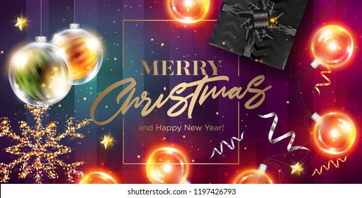 Merry Christmas Vector Card. Happy New Year 2019 Greetings. Holiday Scene with Calligraphy, Frame, Black Gift Box, Ribbon, Christmas Lights, Ball, Golden Glittering Star. Festive Xmas Poster Template.