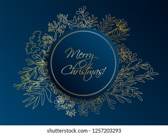 Merry Christmas vector card with herbal twigs and branches wreath border, circle frame. Rustic vintage bouquets with fern fronds, parsley, mistletoe twigs, willow, palm branches in gold blue. 