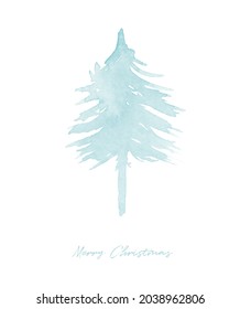 Merry Christmas Vector Card. Light Blue Christmas Tree and Christmas Wishes on a White Background. Winter Holidays Illustration with Watercolor Tree ideal for Card, Greeting, Wall Art, Banner.