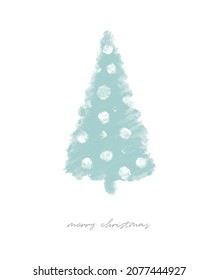 Merry Christmas Vector Card. Light Mint Blue Christmas Tree Isolated on a White Background. Christmas Illustration with Hand Drawn Tree Made of Scribbles and Spots.