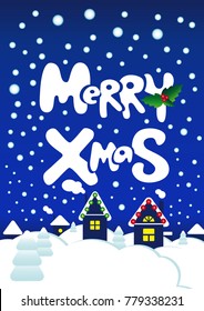 Merry Christmas vector card with night village