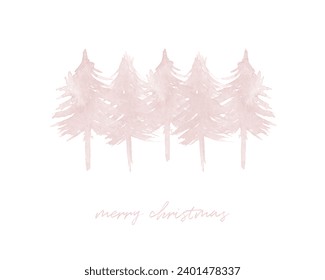 Merry Christmas Vector Card. Pastel Pink Watercolor Christmas Tree isolated on a White Background. Christmas Illustration with Snowy Spruce Trees. Winter Forest Print. Simple Xmas Card. RGB.
