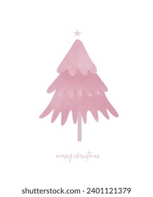 Merry Christmas Vector Card. Pink Hand Drawn Christmas Tree with Little Star Isolated on a White Background. Infantile Style Christmas Illustration. Crayon Drawing-Like Xmas Tree. RGB. English Wishes.