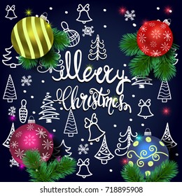 Merry Christmas vector card with realistic fir tree, balls, decorations and hand drawn Christmas elements on the chalkboard. Chalk on blackboard. Christmas lettering
