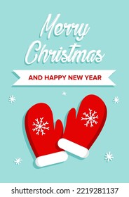 Merry Christmas vector card with red mittens. Merry Christmas and Happy New Year