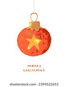 Merry Christmas Vector Card. Red Hand Drawn Christmas Decoration with Gold Star Isolated on a White Background. Infantile Style Christmas Illustration withCrayon Drawing-Like Xmas Bauble. RGB.