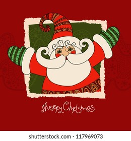 Merry Christmas vector card with Santa Claus. Cute and happy Santa. Funny christmas design. Design template with grunge design elements. Red background. Hands up santa. Hand drawn design.