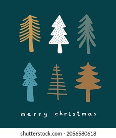 Merry Christmas Vector Card. Scandi Christmas Tree on a Green Background. Christmas Illustration Ideal for Card, Poster,Wall Art. Infantile Style Fir Tree with Star and Lights Made of Brush Scribbles.