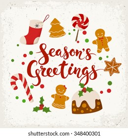 Merry Christmas vector card. Season's Greetings calligraphy. Sweets icons. 