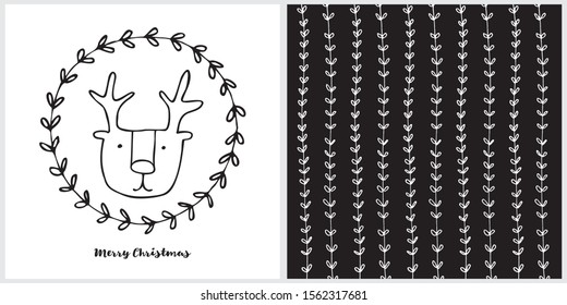 Merry Christmas Vector Card. Simple Christmas Art. Black Funny Deer Head in Floral Frame Isolated on a White  Background. White Vertical Twigs on a Black Layout. Christmas Illustration Set.