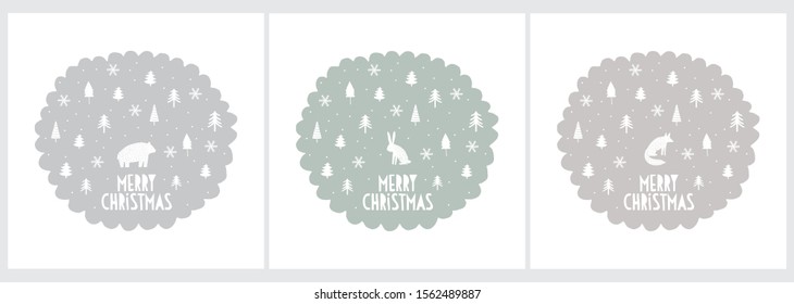 Merry Christmas Vector Card. Simple Christmas Art. Woodland Illustration in 3 Different Colors. Art with Trees, Snowflake, Fox, Bear, Rabbit in a Light Green, Beige and Gray Frame. White Background.