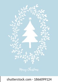 Frohe Weihnachts-Vektorkarte. Einfache Winterferien-Illustration mit weißem Baum, Stern und floralem Rahmen einzeln auf pastellblauem Hintergrund. Christamas Dekoration im Kindesstil.