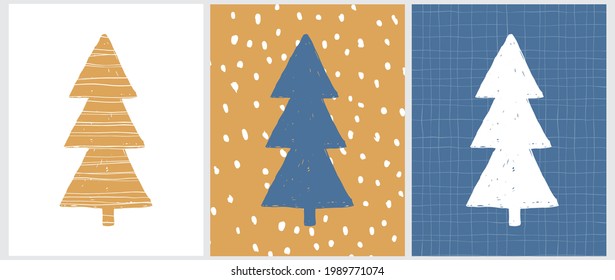 Merry Christmas Vector Card. Simple Hand Drawn Christmas Tree Isolated on a Gold, White and Dark Blue Background. Christmas Illustration in 3 Different Colors. 