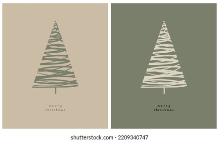 Merry Christmas Vector Card. Simple Christmas Tree Isolated on a Dusty Beige and Pale Green Background. Christmas Illustration in 2 Different Colors. Tree Made of Freehand Line. Handwritten Wishes.