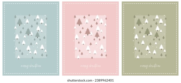 Feliz tarjeta de vectores navideños. Sencillos árboles y estrellas navideñas en un marco aislado en un fondo azul claro, rosa pastel y verde pálido. Tarjetas de Navidad en 3 colores diferentes. RGB. Deseos ingleses.
