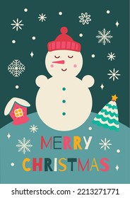 Merry Christmas. Vector card template with snowman