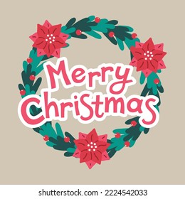 Merry Christmas vector card template. Winter wreath. Retro style