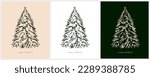 Merry Christmas Vector Card. Christmas Tree with Gold Baubles Isolated on a Beige,White and Dark Green Background.Vintage Style Christmas Prints. Winter Holidays Illustration with Decorative Fir Tree.