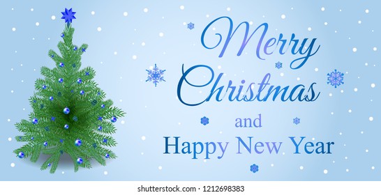 Merry Christmas vector card with christmas tree on blue background