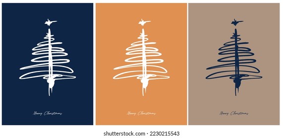 Merry Christmas Vector Card. Christmas Tree Isolated on a Dark Blue, orange and Beige Background. Christmas Illustration in 3 Different Colors. Print with Tree Made of Ink Line and Xmas Wishes.