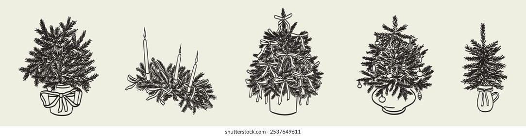 Tarjeta de Vector de Feliz Navidad. Árbol de Navidad decorado con adornos, cinta de lazo en florero aislado sobre fondo beige. Antiguas estilo x-mas arte de la pared o dibujo de boceto para invitación, cartel o cartel.