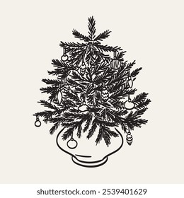 Tarjeta de Vector de feliz Navidad con árbol de Navidad decorado con adornos en jarrón aislado sobre fondo transparente. Dibujo del boceto del arte de la pared de la x-mas del estilo de Antiguas para la invitación, el cartel o el cartel del día de fiesta