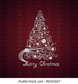 Merry Christmas vector card. Tree on lace background
