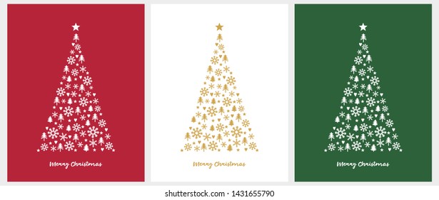 Merry Christmas Vector Card. White and Gold Christmas Tree Isolated on a Red, White and Green Background. Christmas Illustration in 3 Different Colors. Tree Made of Stars, Hearts, Trees and Snowflakes