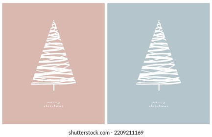 Feliz tarjeta de vectores navideños. Árbol blanco simple de Navidad aislado en un fondo rosa claro y azul claro. Ilustración navideña en 2 colores diferentes.Árbol hecho de línea de mano libre.Deseos manuscritos.