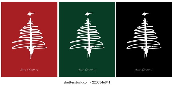 Merry Christmas Vector Card. White Christmas Tree Isolated on a Red, Green and Black Background. Christmas Illustration in 3 Different Colors. Print with Tree Made of Ink Line and Xmas Wishes.