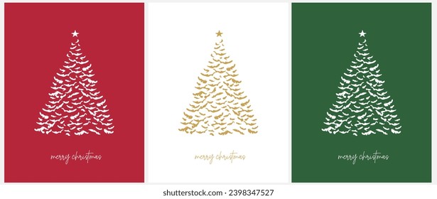 	
Merry Christmas Vector Card. White and Gold Christmas Tree on a Red, White and Green Background. Christmas Illustration in 3 Different Colors. Snowy Spruce Tree with Star. Simple Xmas Print. RGB.