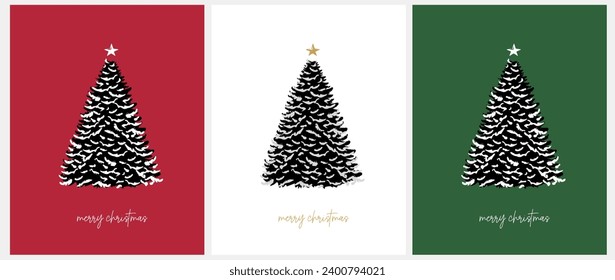 Merry Christmas Vector Card. White-Black Christmas Tree with Star isolated on a Red, White and Green Background. Christmas Illustration. Snowy Spruce Tree with Star. Simple Xmas Print. RGB.