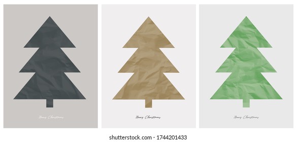 Feliz Navidad. Tarjetas vectoras de Navidad. Árbol negro, dorado y verde de Navidad hecho de papel desmenuzado aislado en un fondo gris y beige. Ilustración navideña en 3 colores diferentes. 