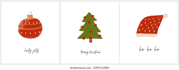 Merry Christmas Vector Cards. Green Hand Drawn Christmas Tree, Hat of Santa and Bauble on a White Background. Infantile Style Christmas Illustration. Crayon Drawing-Like Xmas Tree.RGB. English Wishes.