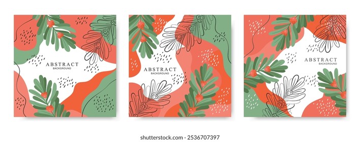 Merry Christmas vector cards set with hand drawn omella branches and  abstract background. Contemporary design illustration templates for poster print, advertising, invitation, banner