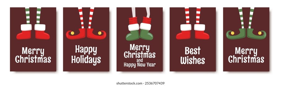 Merry Christmas vector cards set with cute cartoon elves legs in shoes and boots isolated on brown background. Vector illustration templates for greeting card print, poster, invitation