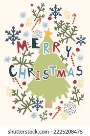 Merry Christmas vector card,snowflake, candy, fireworks, giftbox and christmas tree backdground. 