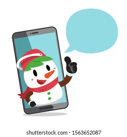 Merry Christmas vector cartoon character snowman with smartphone for design.