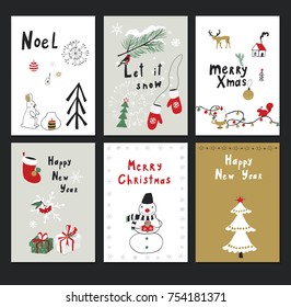 Merry Christmas vector cartoon doodle postcards set
