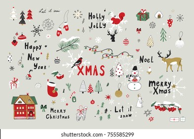 Merry Christmas vector cartoon doodle illustrations set