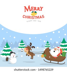 Merry Christmas vector, cartoon Santa Claus cute riding reindeer sleigh .