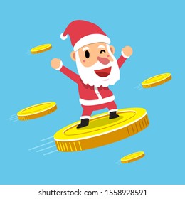 Merry Christmas vector cartoon santa claus with big coins for design.