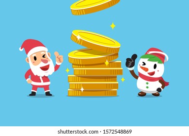Merry Christmas vector cartoon santa claus and snowman with big money coins stack for design.