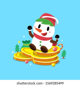 Merry Christmas vector cartoon snowman with big money coins stack for design.
