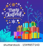 Merry christmas vector, celebration of winter holidays. Seasonal event with gift exchanging tradition. Wintry landscape with foliage and trees, snowflakes and decorative ornaments flat style